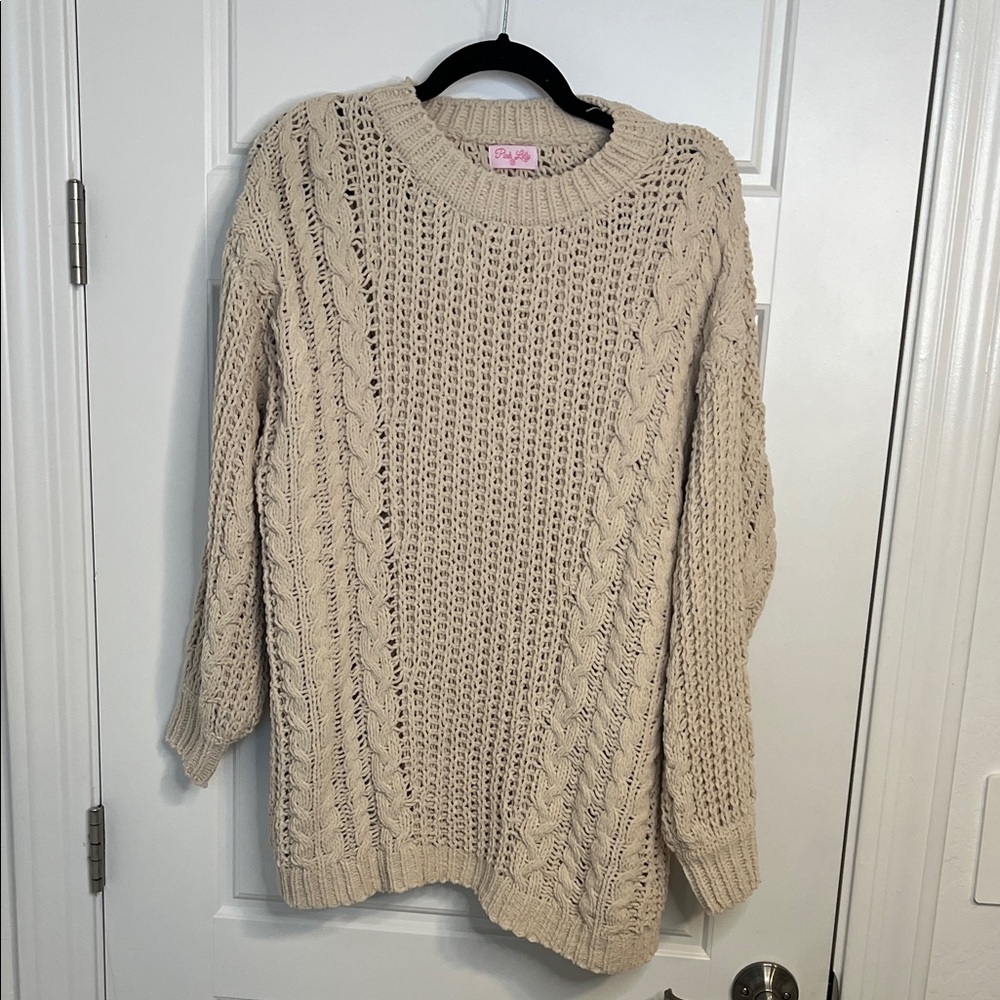 Pink Lily Cream Cable Knit Sweater
